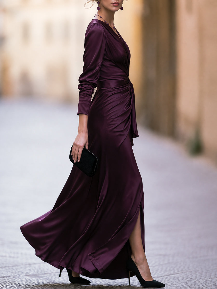 Elegant Satin V-Neck Wrap Maxi Dress with Long Sleeves