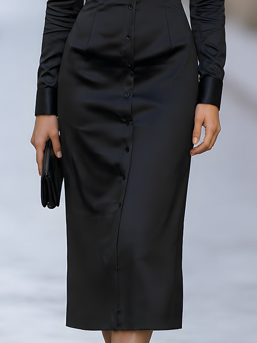 Satin Stand Collar Button-Front Midi Dress