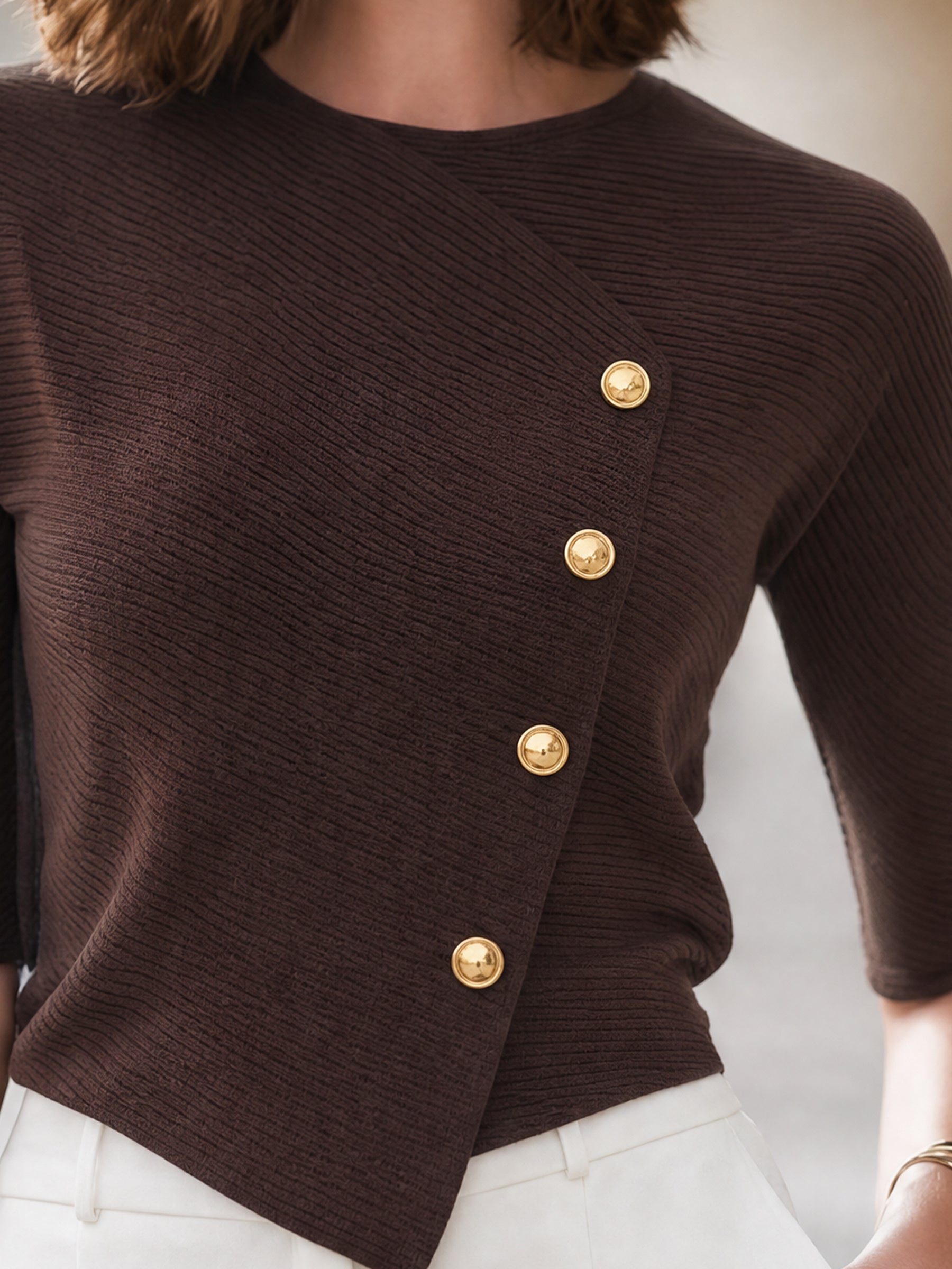 Asymmetric Button-Accent Ribbed Knit Top