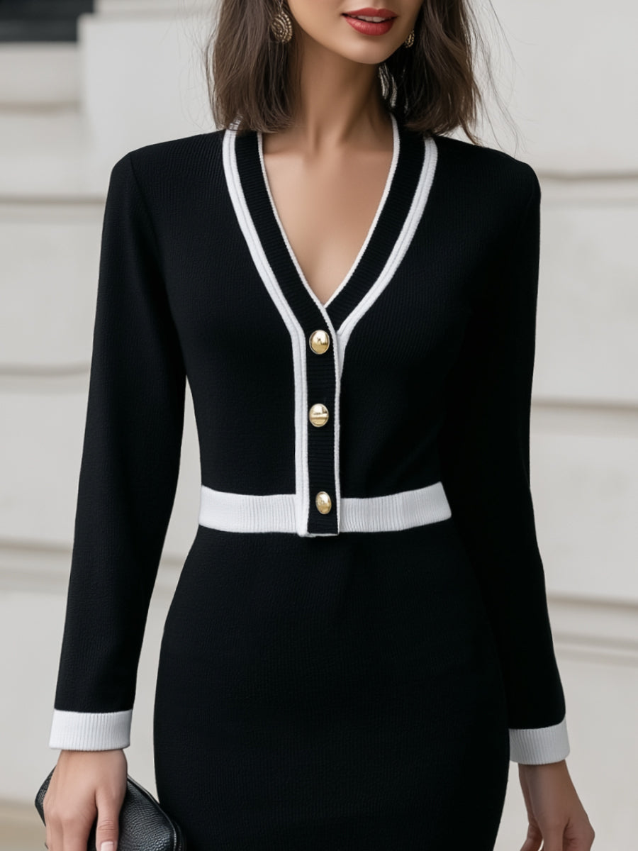 Front Buttons Contrast Trim Knit V-Neckline Dress