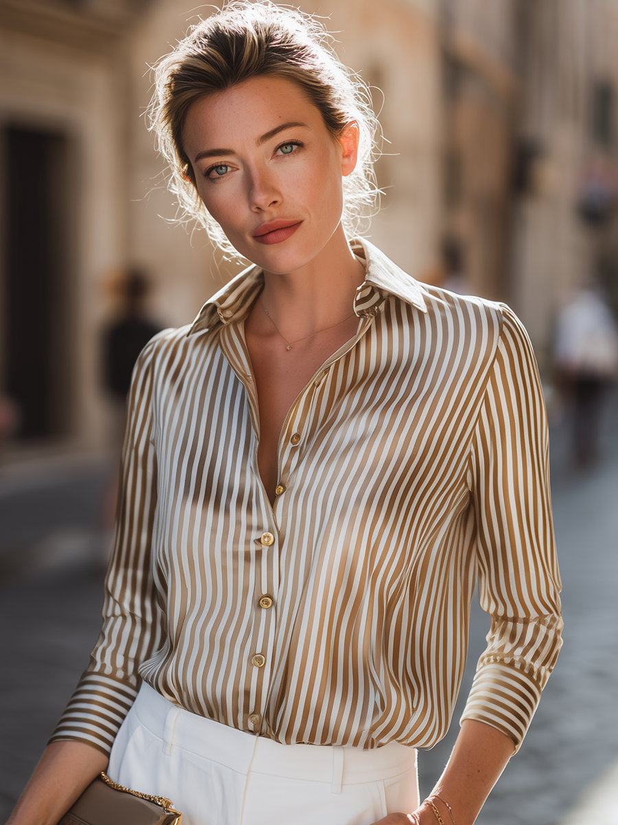 Striped Button-Front Collared Shirt