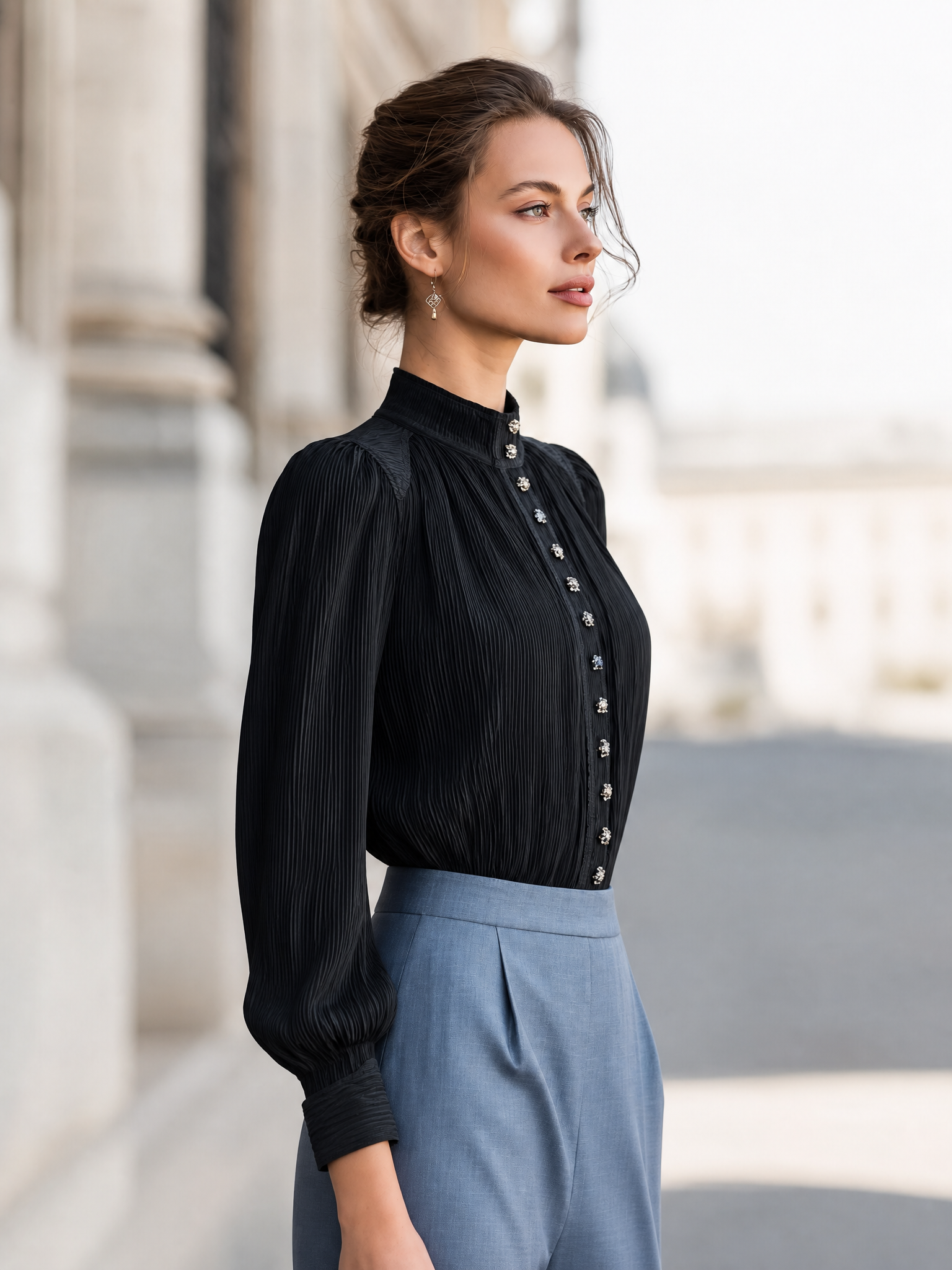 Pleated Stand Collar Front Buttons Blouse