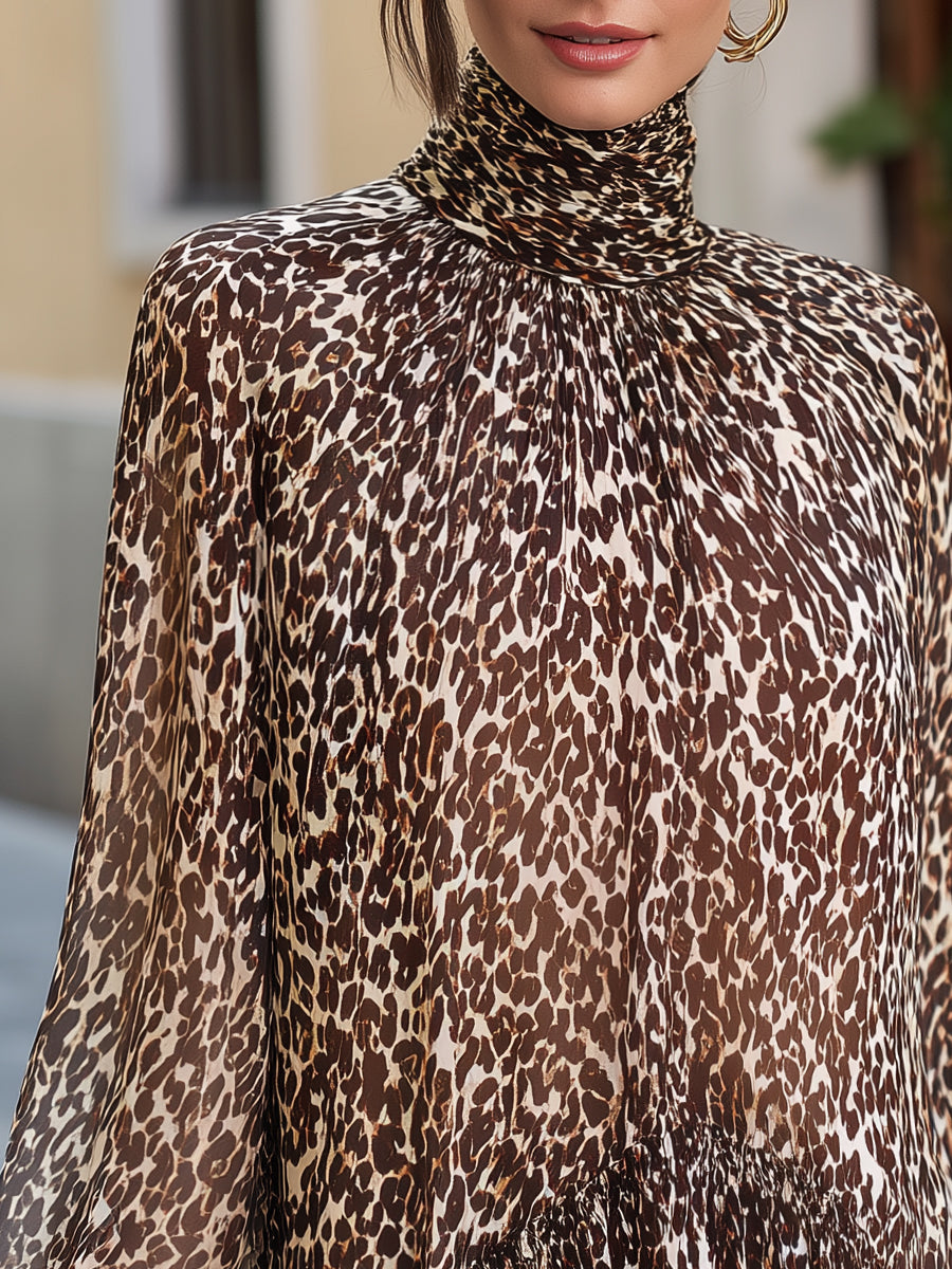 Layered Ruffle Hem Leopard Print Chiffon Blouse