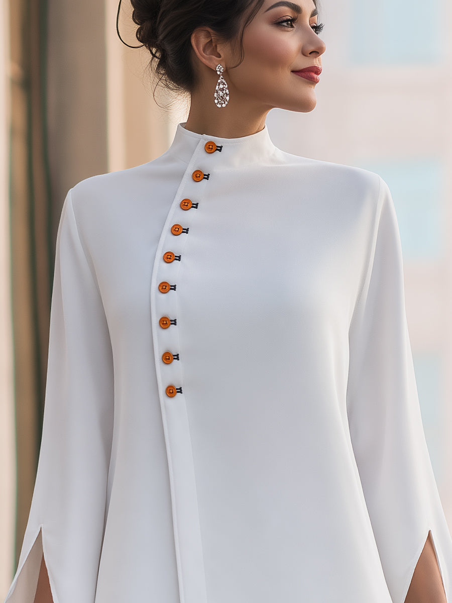 Asymmetrical Button Split Long Sleeves Blouse