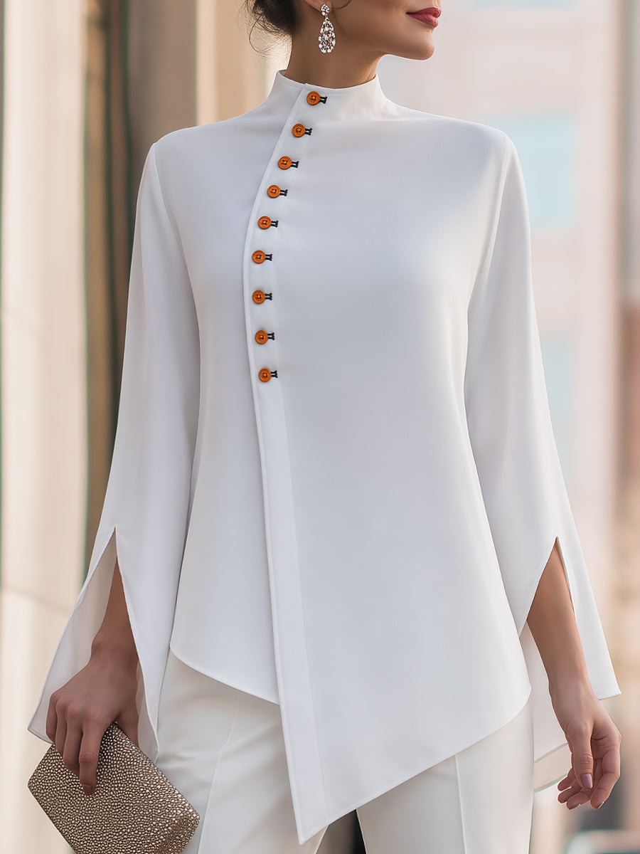 Asymmetrical Button Split Long Sleeves Blouse