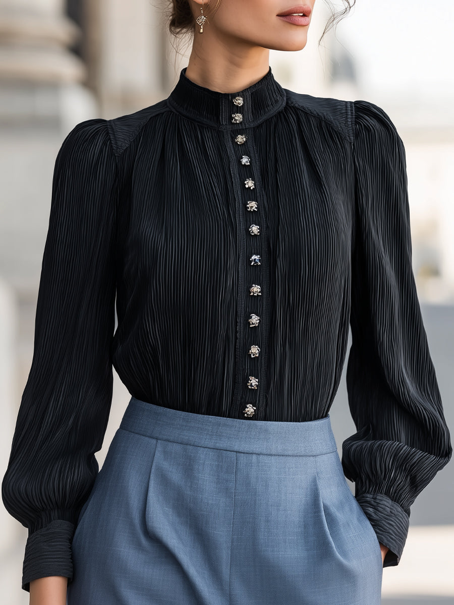 Pleated Stand Collar Front Buttons Blouse