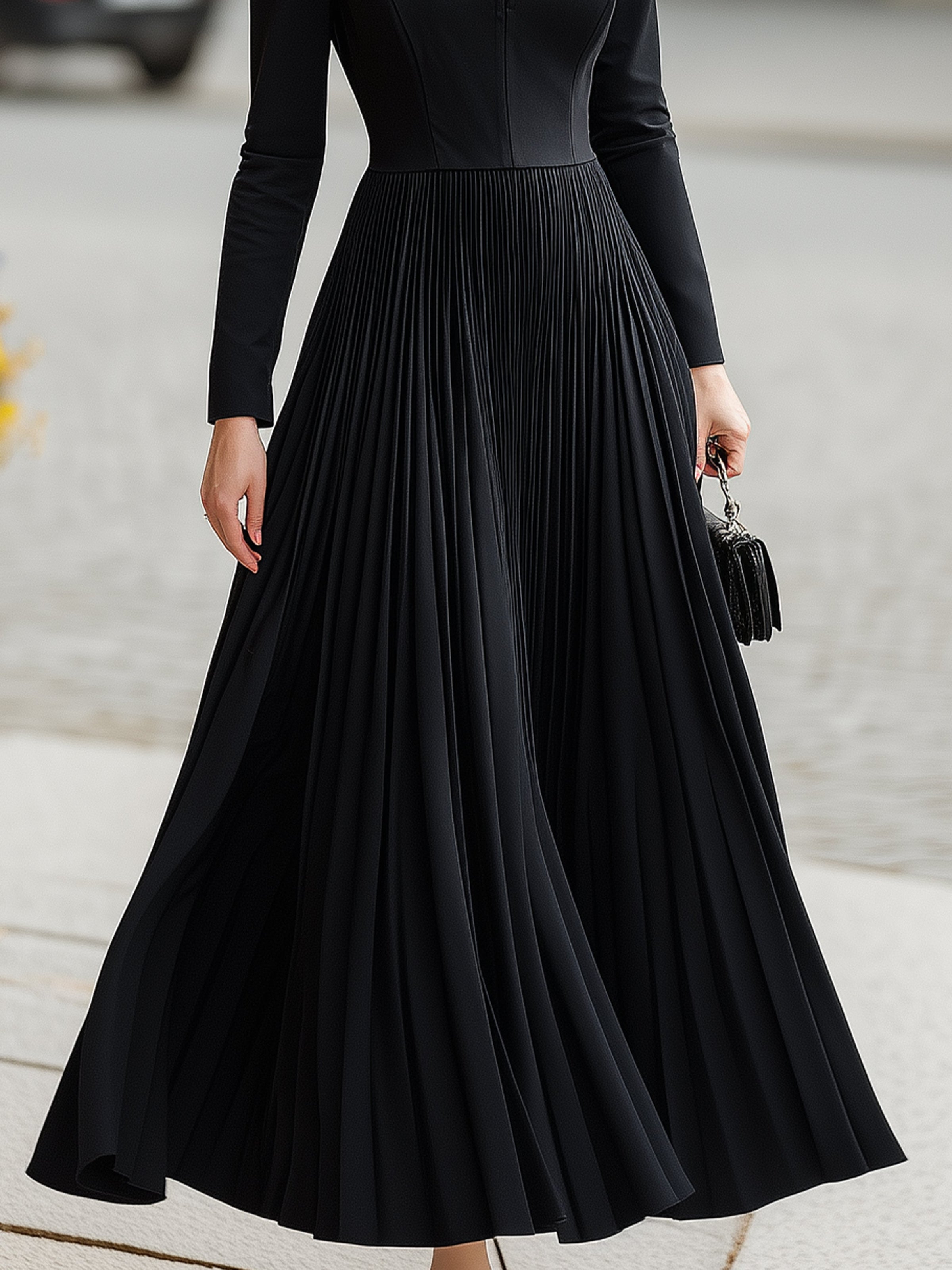 Pleated Shirt-Collar Maxi Dress