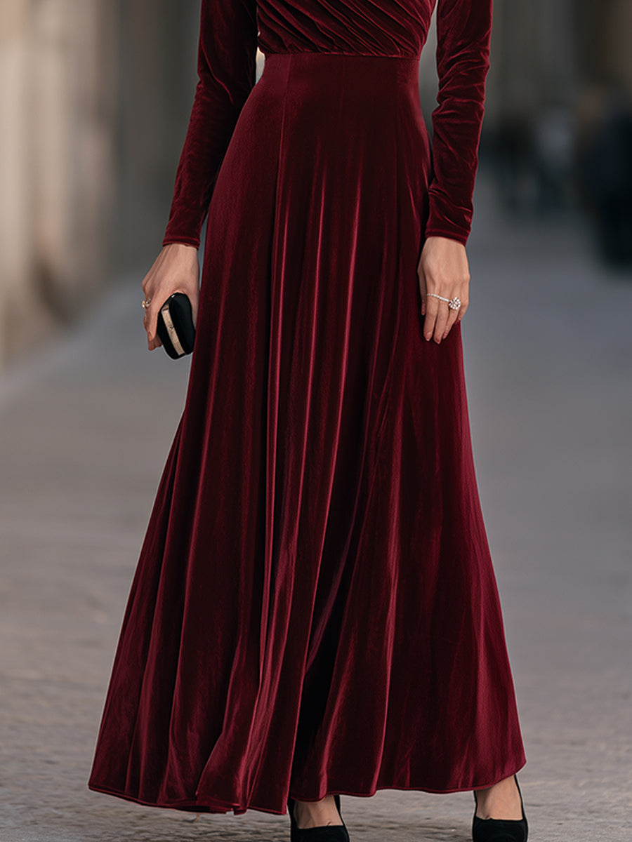 Elegant Ruched Velvet Long-Sleeve Maxi Evening Gown