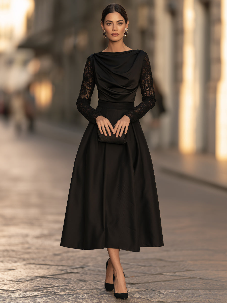 Elegant Draped Cowl Neck Satin Lace Sleeves Midi Dress