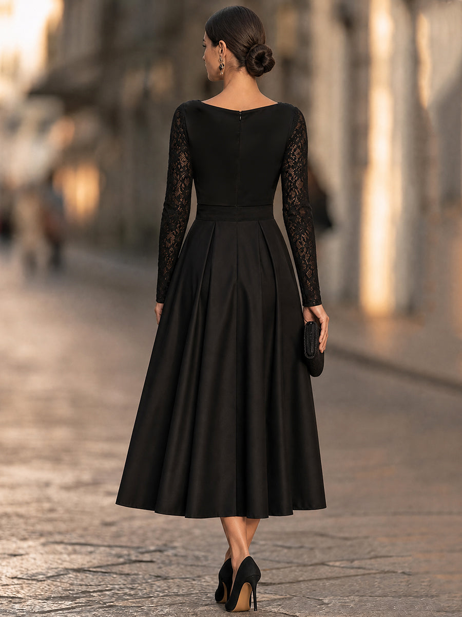 Elegant Draped Cowl Neck Satin Lace Sleeves Midi Dress