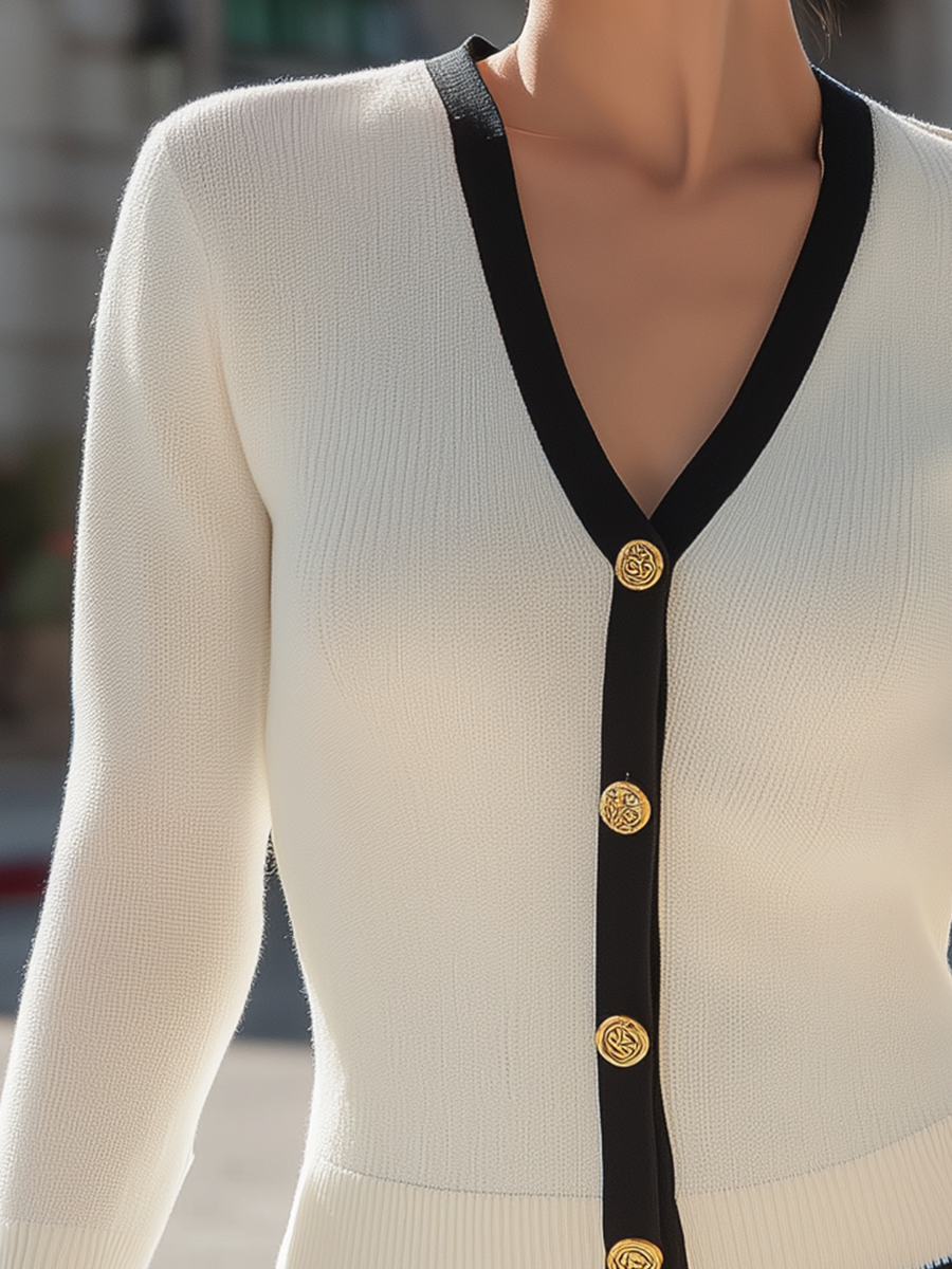 Contrast-Trim Button-Front Knit Cardigan Top