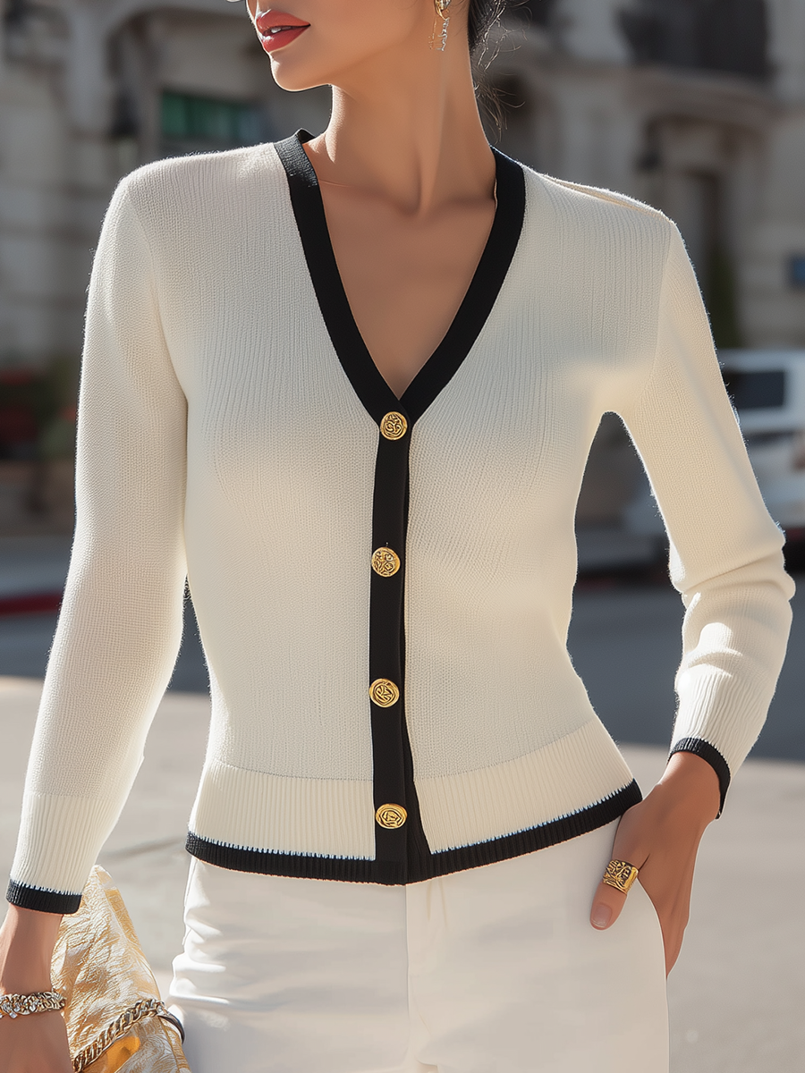 Contrast-Trim Button-Front Knit Cardigan Top