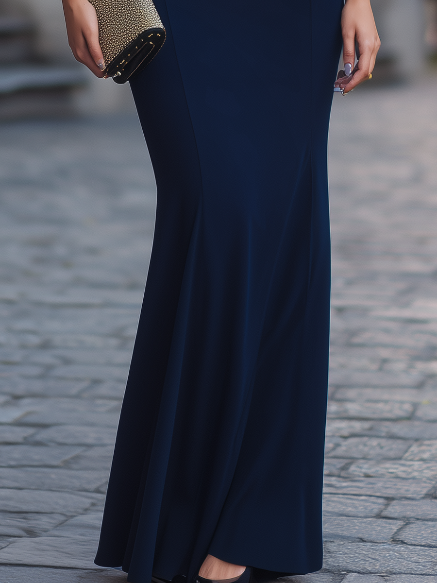 Elegant Navy Bell Sleeve Mermaid Maxi Evening Dress