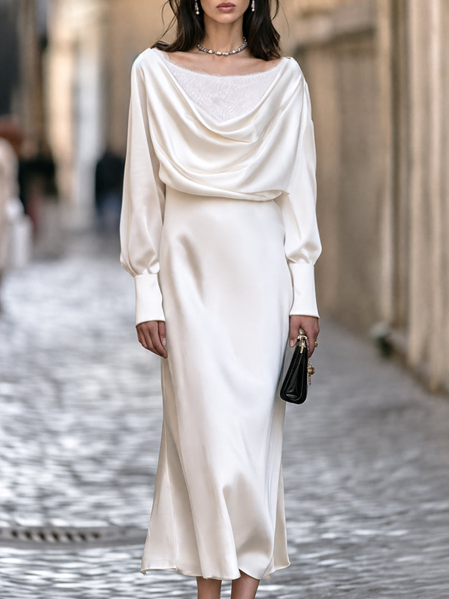 Elegant Draped Satin Cowl Neck Panel Lace Maxi Dress