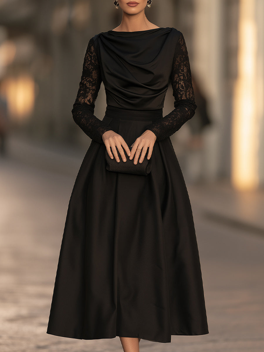 Elegant Draped Cowl Neck Satin Lace Sleeves Midi Dress