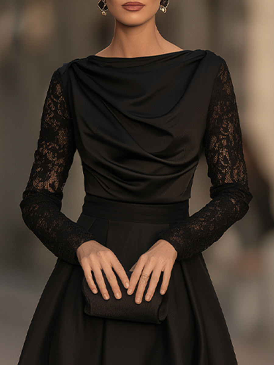Elegant Draped Cowl Neck Satin Lace Sleeves Midi Dress