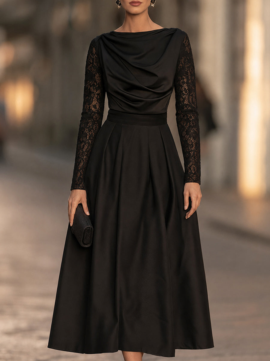 Elegant Draped Cowl Neck Satin Lace Sleeves Midi Dress
