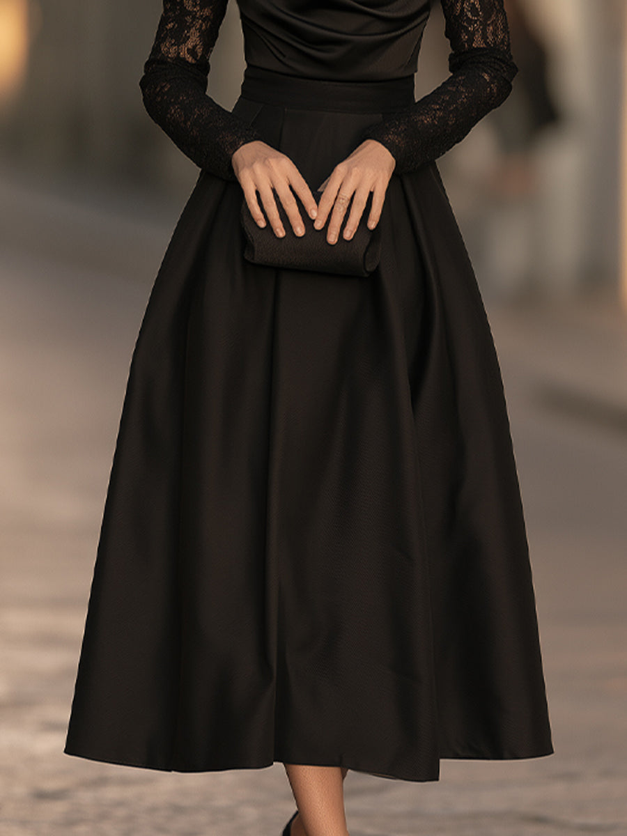 Elegant Draped Cowl Neck Satin Lace Sleeves Midi Dress
