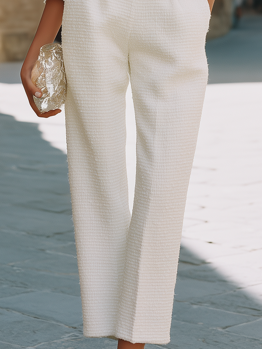 Textured Collarless Button-Front Jacket And Straight-Leg Trousers Set