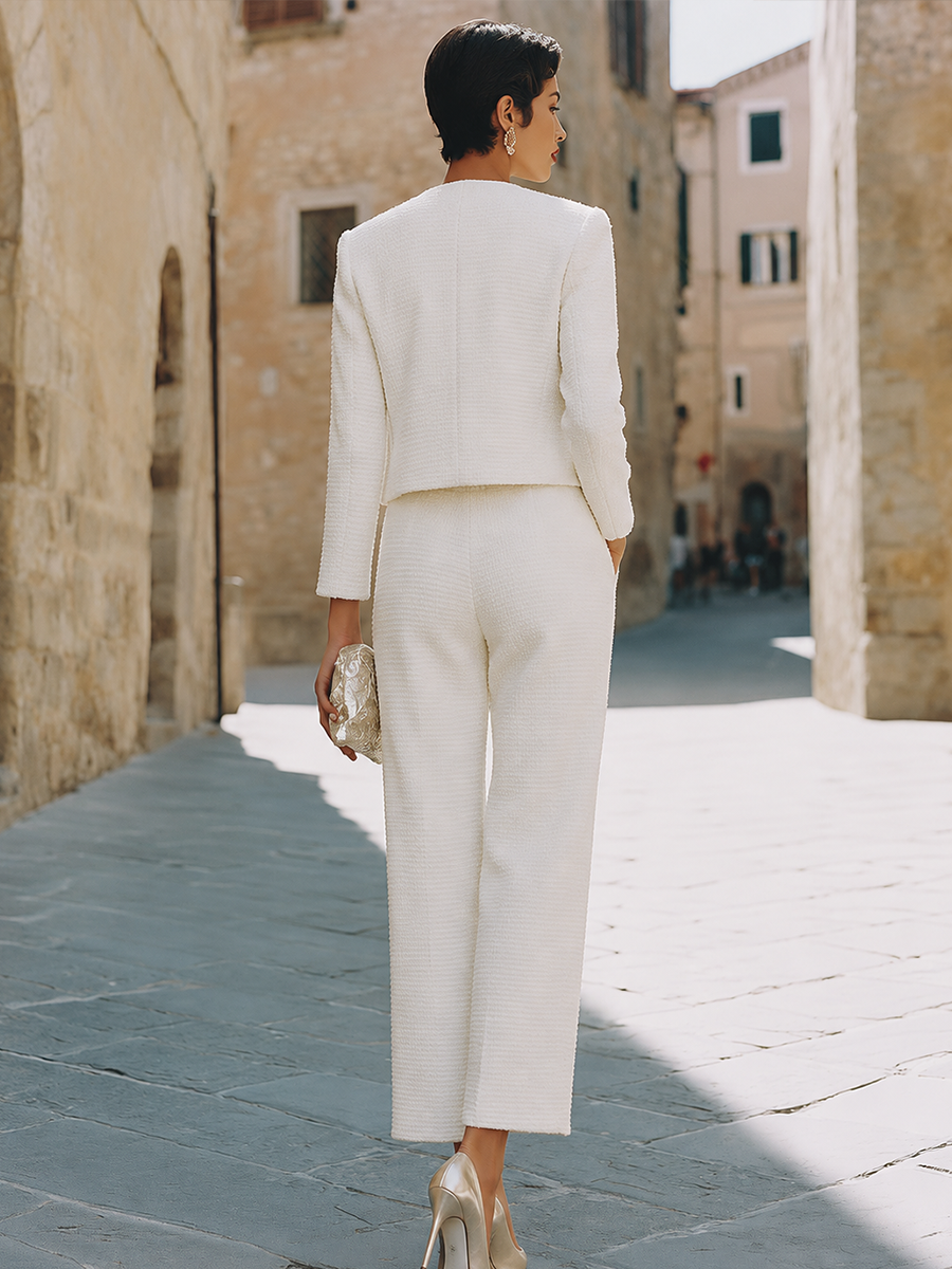 Textured Collarless Button-Front Jacket And Straight-Leg Trousers Set