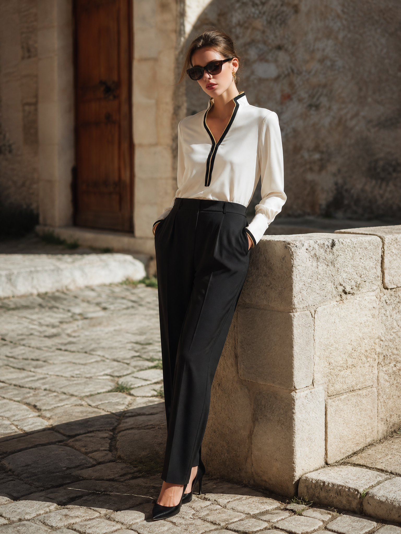 Elegant Contrast Trim V-Neck Blouse