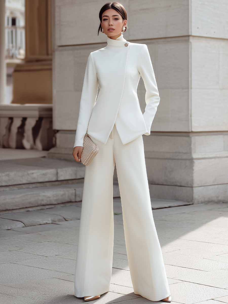 High-Neck Asymmetric Tailored Jacket And Wide-Leg Trousers Set