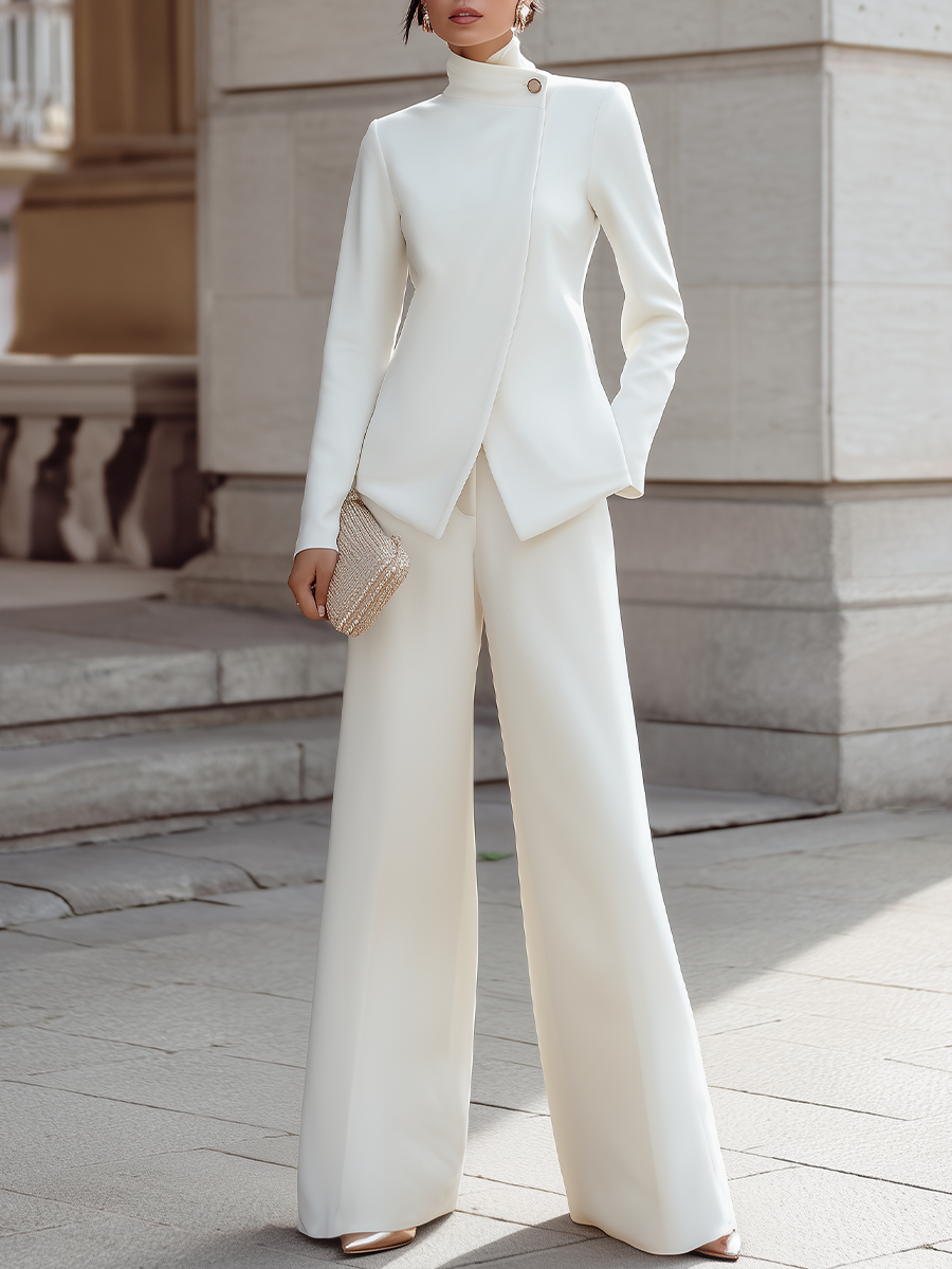 High-Neck Asymmetric Tailored Jacket And Wide-Leg Trousers Set