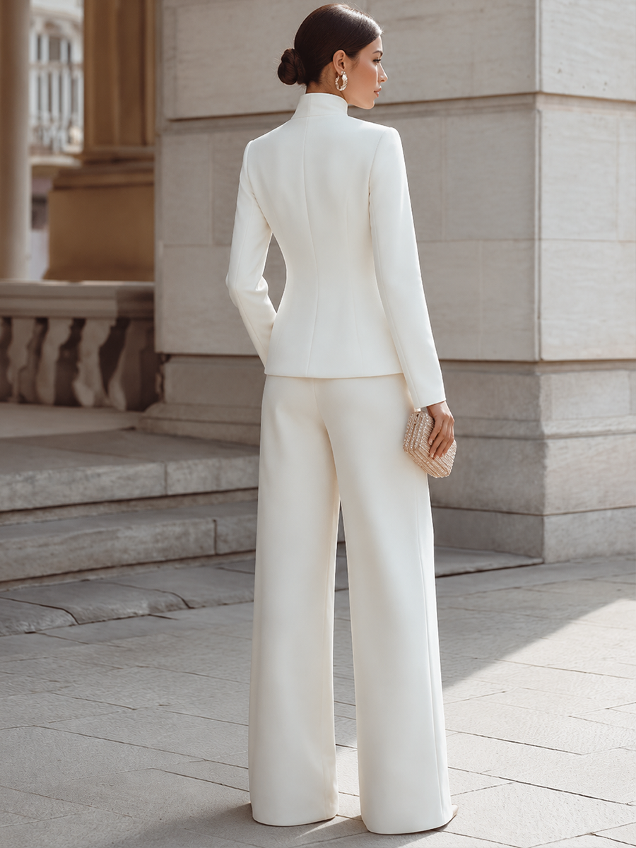 High-Neck Asymmetric Tailored Jacket And Wide-Leg Trousers Set