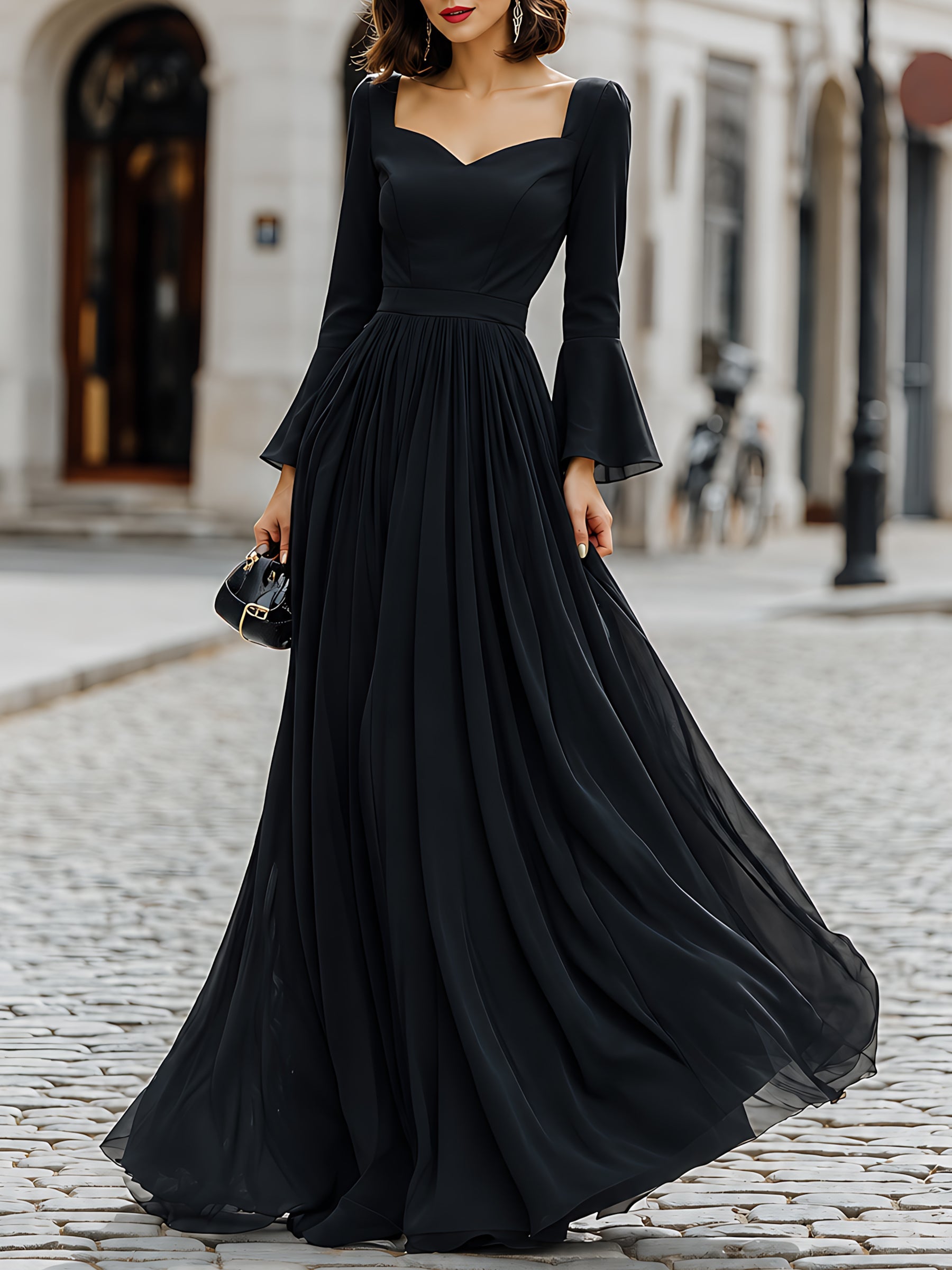Flared-Sleeve Sweetheart-Neck Formal Maxi Dress