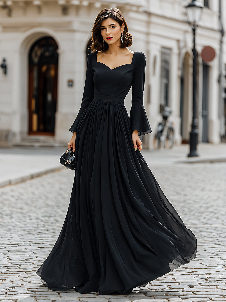 Flared-Sleeve Sweetheart-Neck Formal Maxi Dress