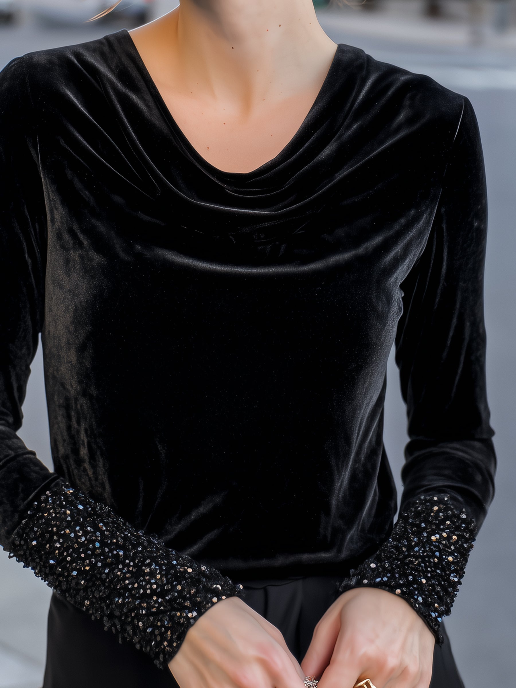 Velvet Cowl-Neck Sequin-Cuff Top