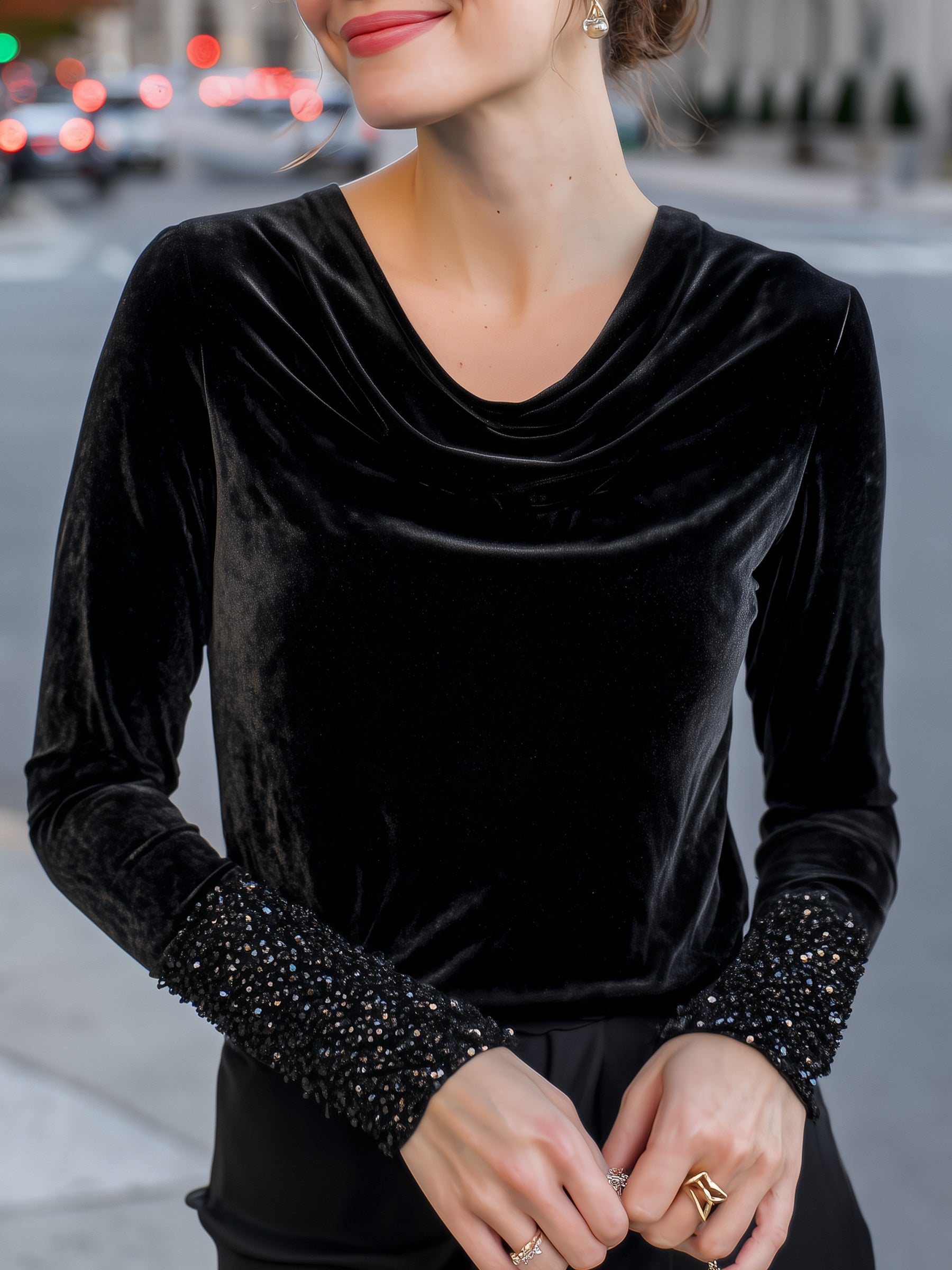 Velvet Cowl-Neck Sequin-Cuff Top