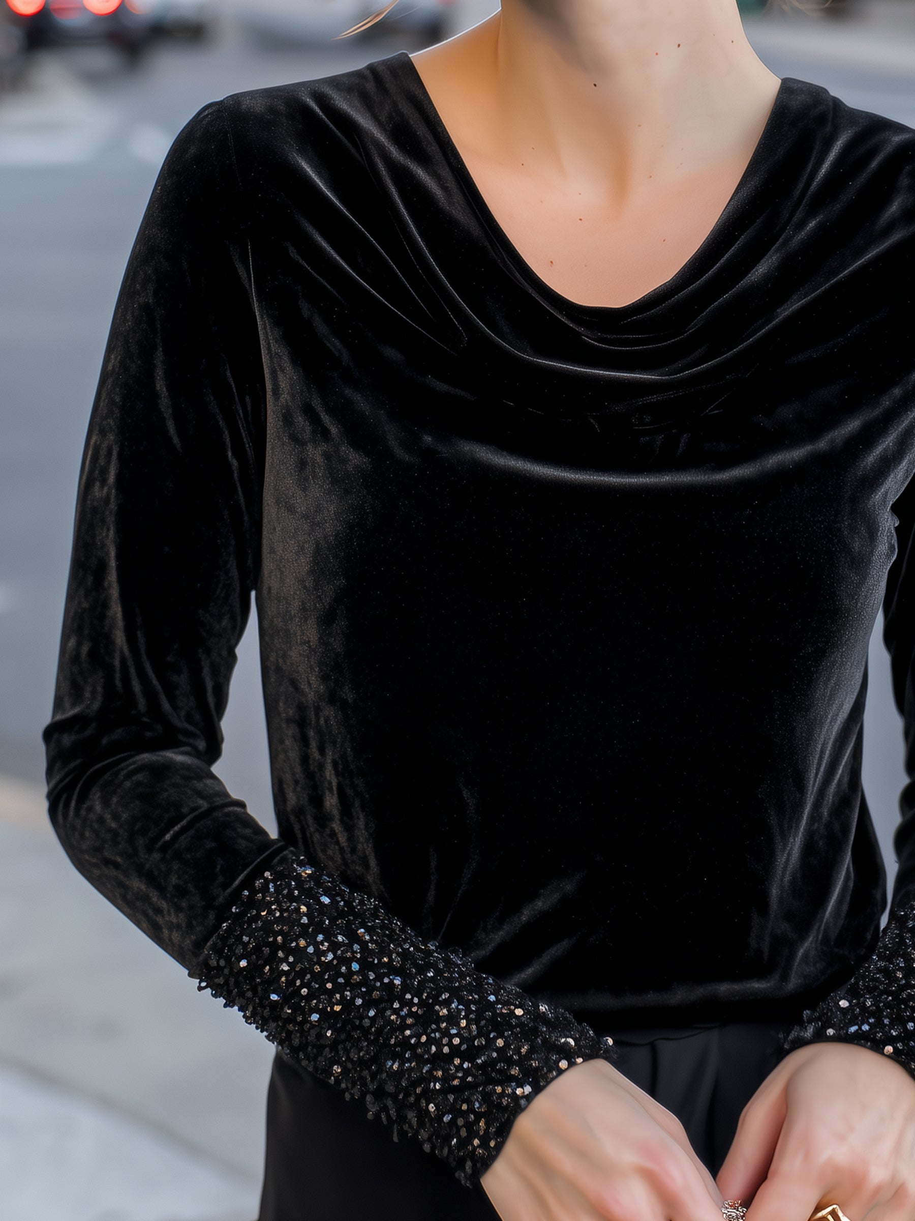 Velvet Cowl-Neck Sequin-Cuff Top