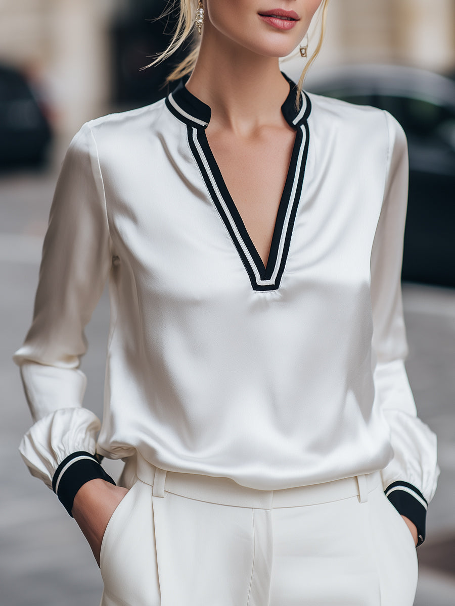 Contrast Trim V-Neck Satin Blouse