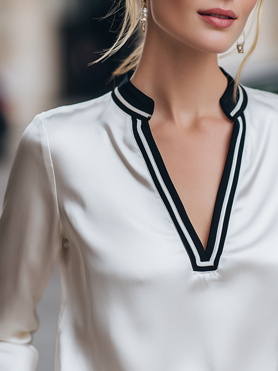 Contrast Trim V-Neck Satin Blouse