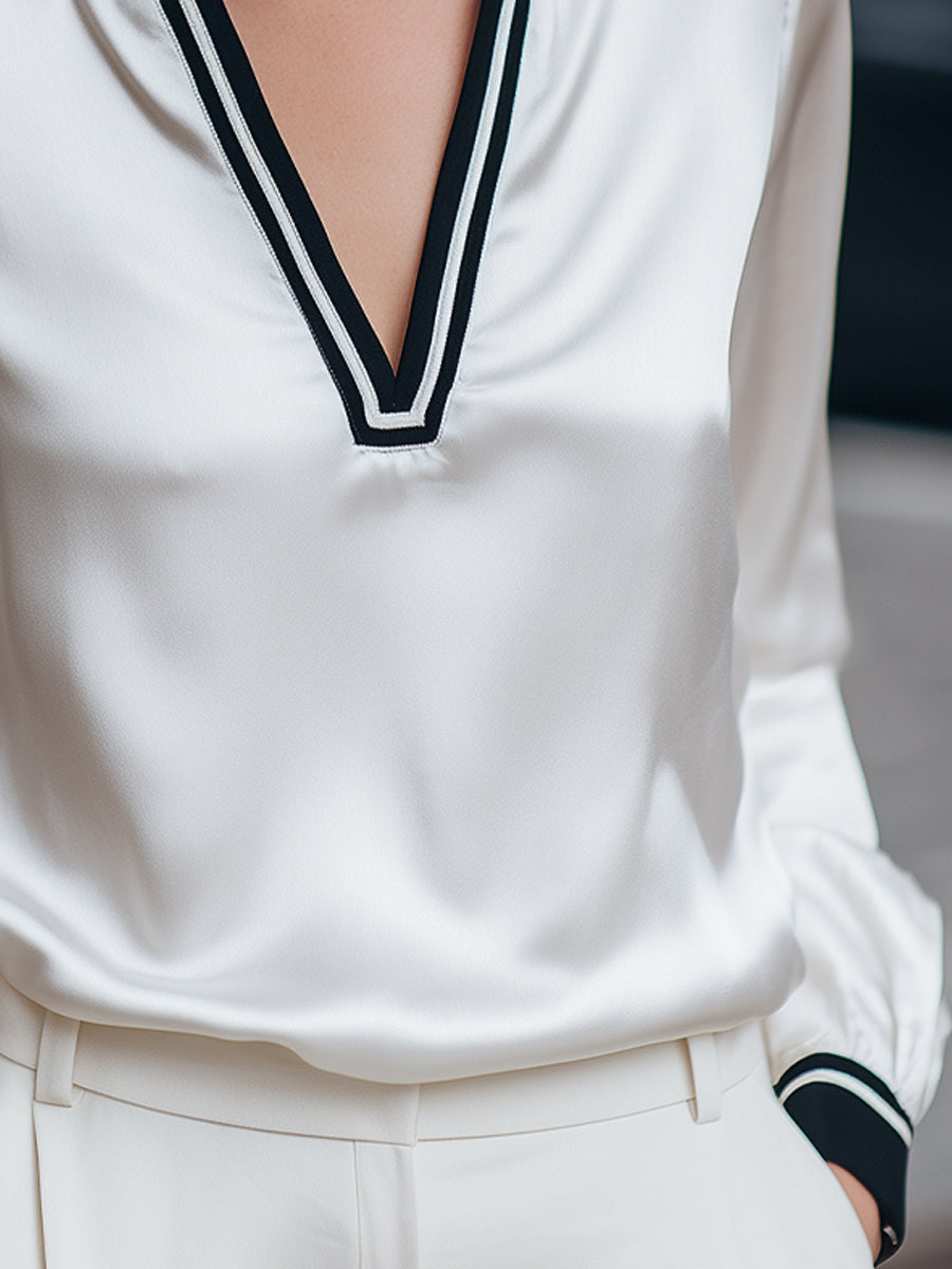 Contrast Trim V-Neck Satin Blouse