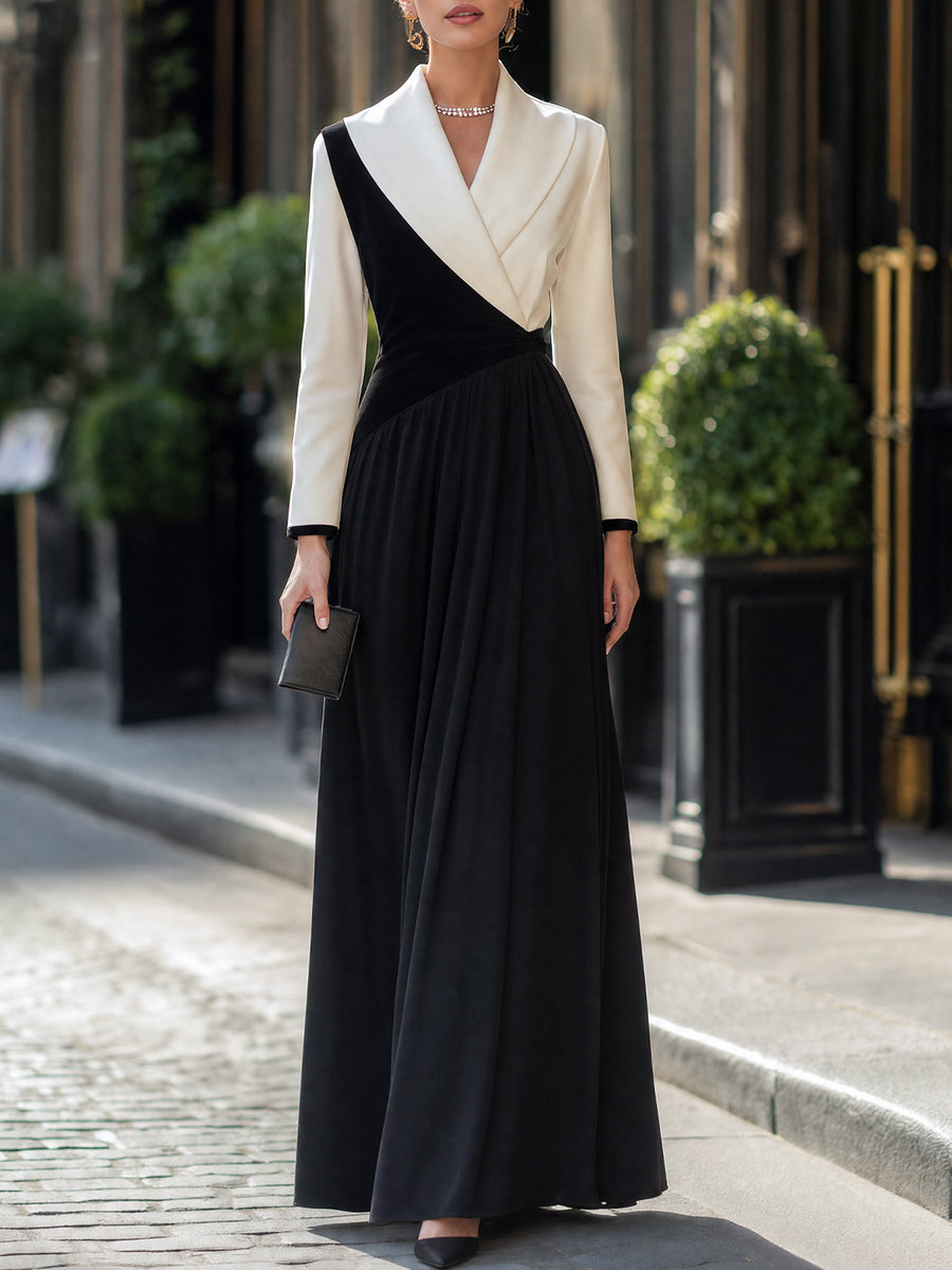 Asymmetric Colorblock Long-Sleeve Flare Maxi Dress