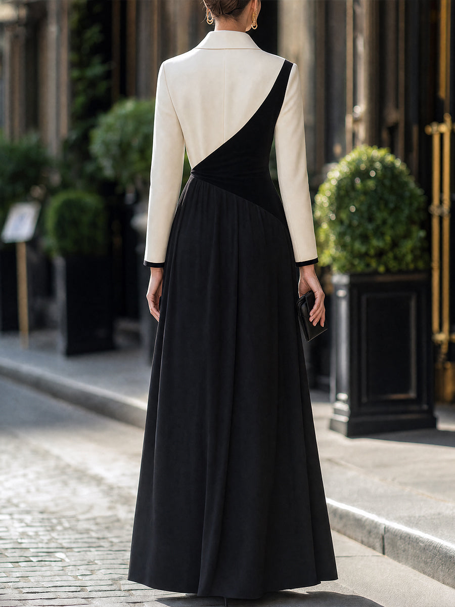 Asymmetric Colorblock Long-Sleeve Flare Maxi Dress