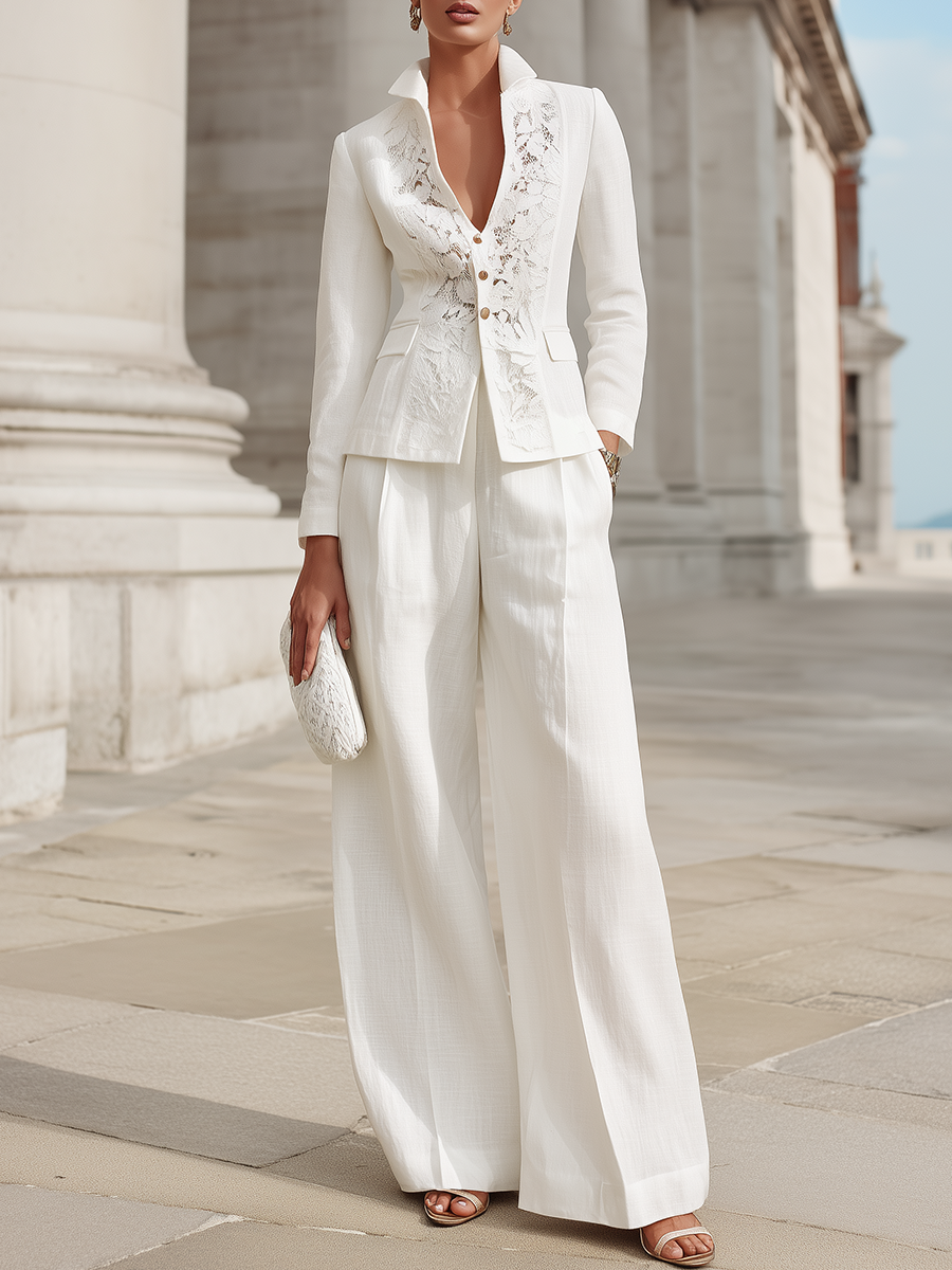Lace-Paneled Button-Front Tailored Blazer And Wide-Leg Trousers Set