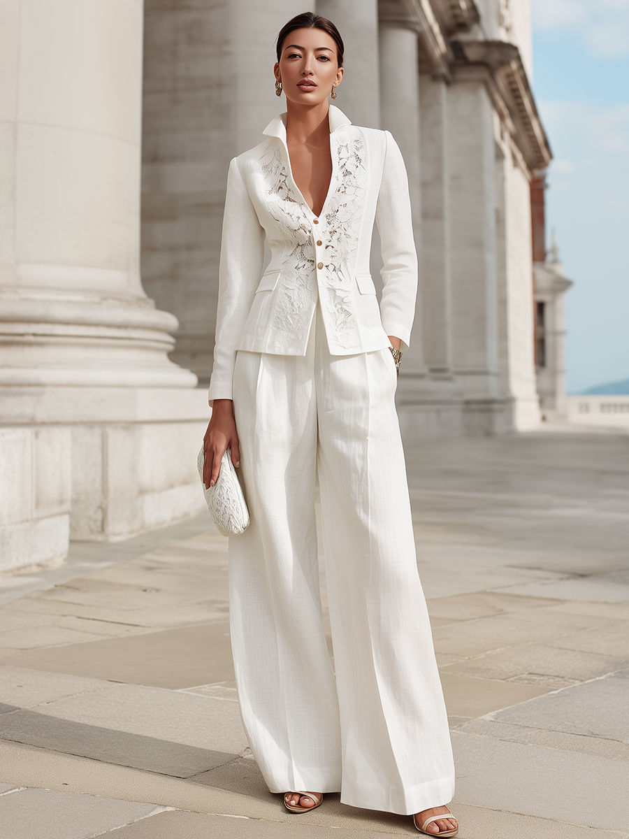 Lace-Paneled Button-Front Tailored Blazer And Wide-Leg Trousers Set
