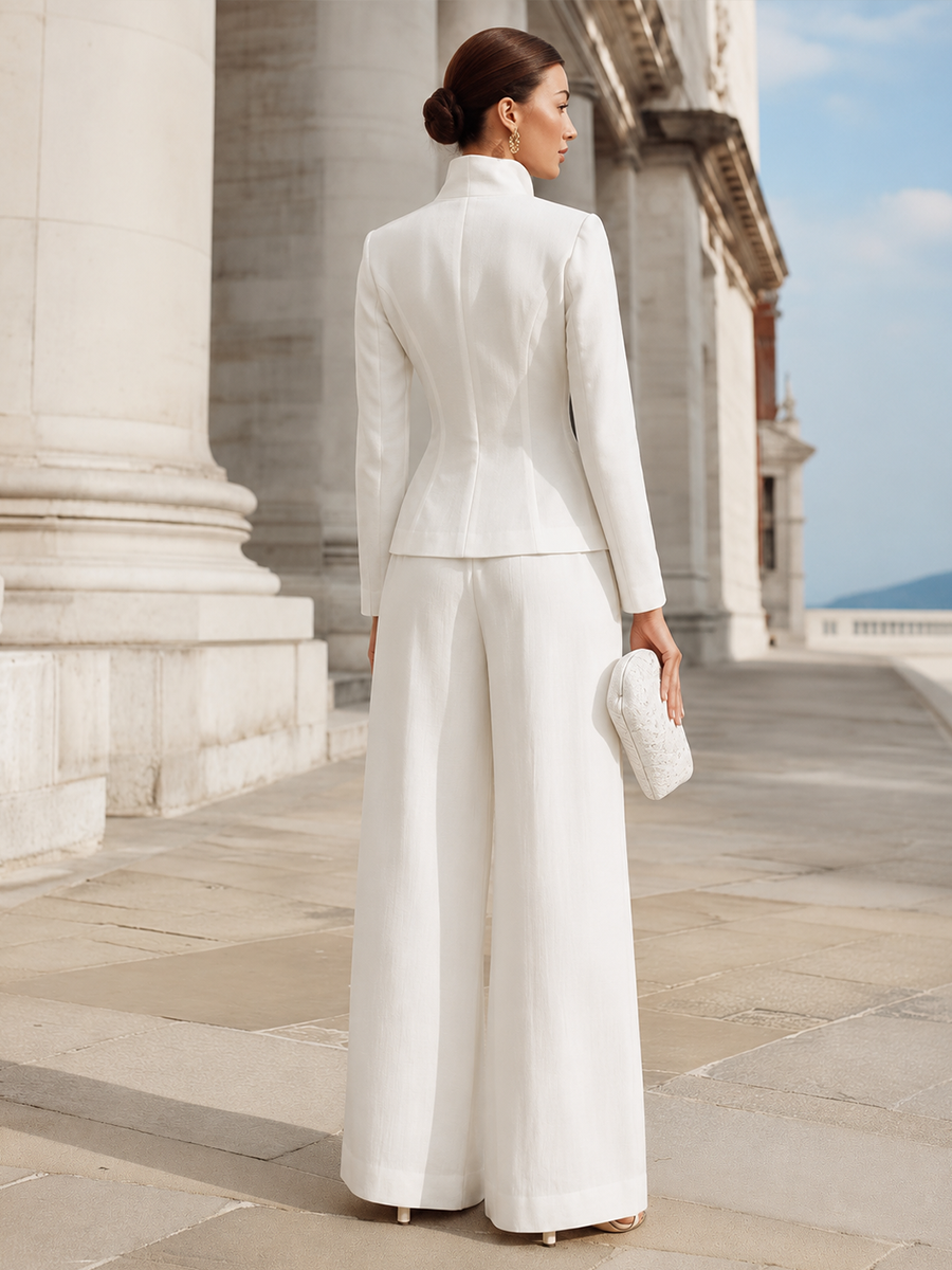 Lace-Paneled Button-Front Tailored Blazer And Wide-Leg Trousers Set