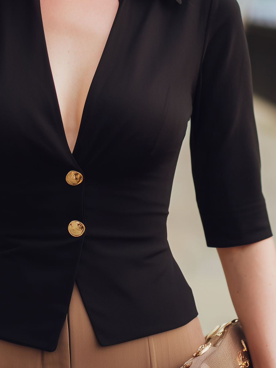 Deep V-Neck Button-Front Tailored Top With Sculpted Waist