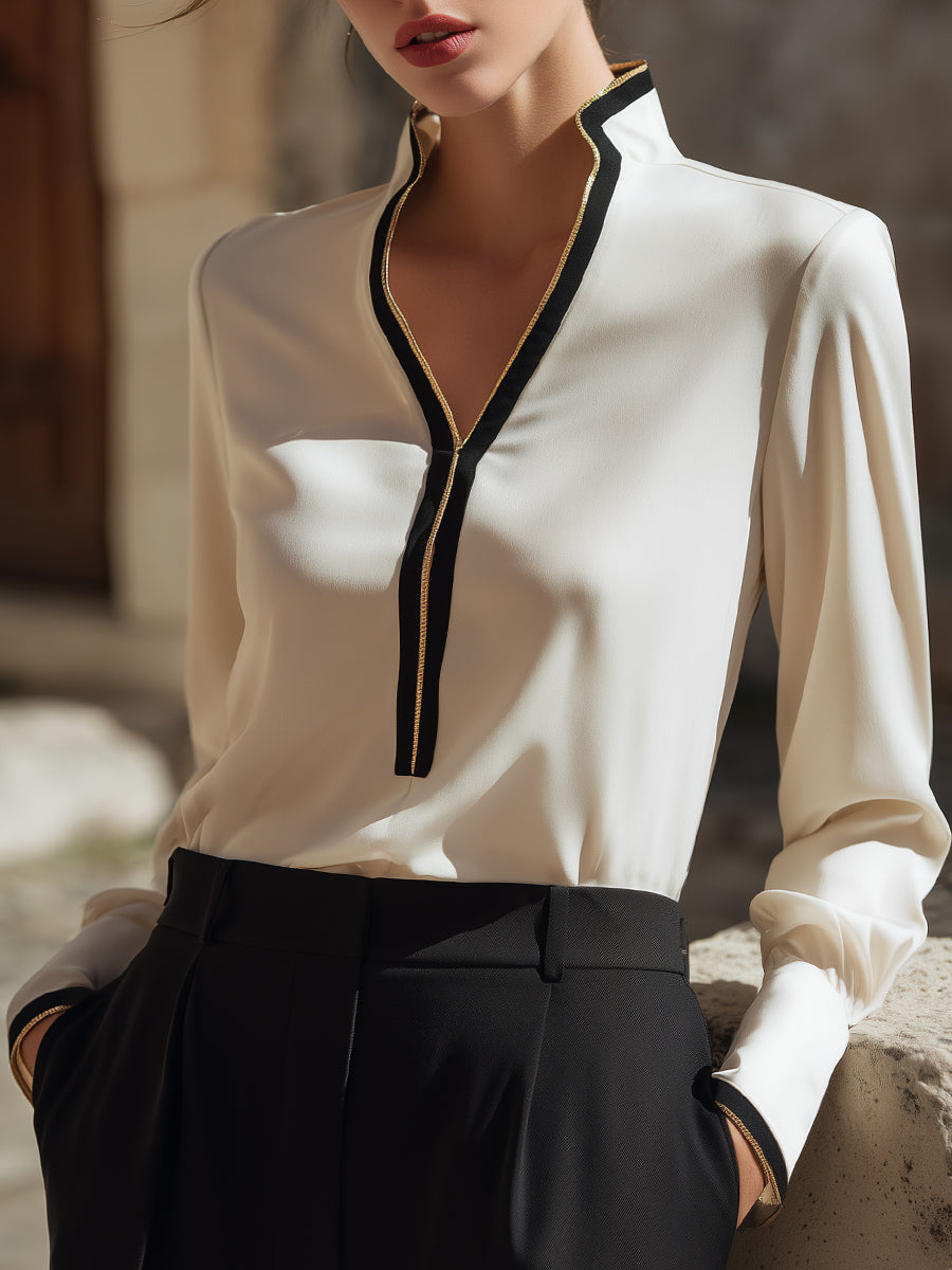 Elegant Contrast Trim V-Neck Blouse