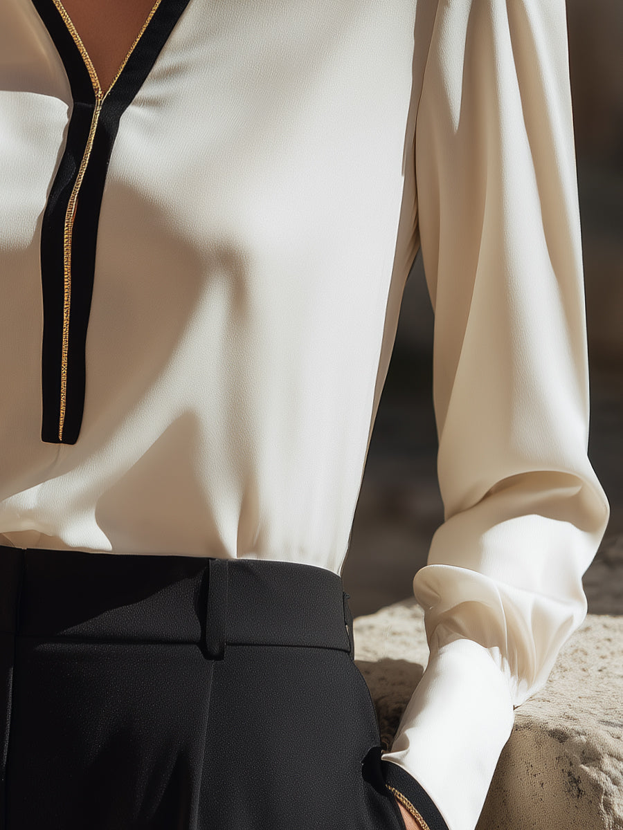 Elegant Contrast Trim V-Neck Blouse