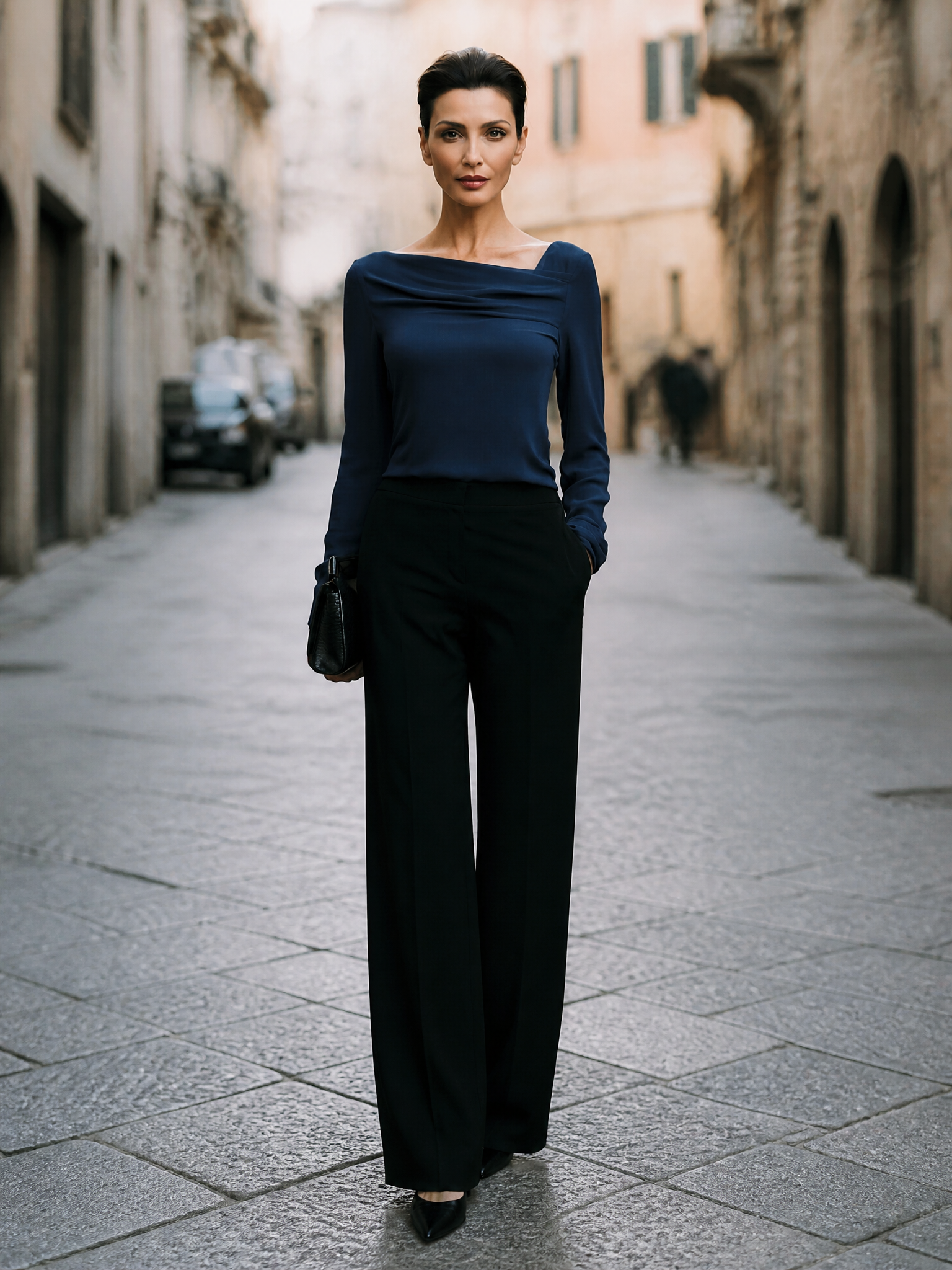 Asymmetric Draped Boat Neck Long Sleeve Blouse