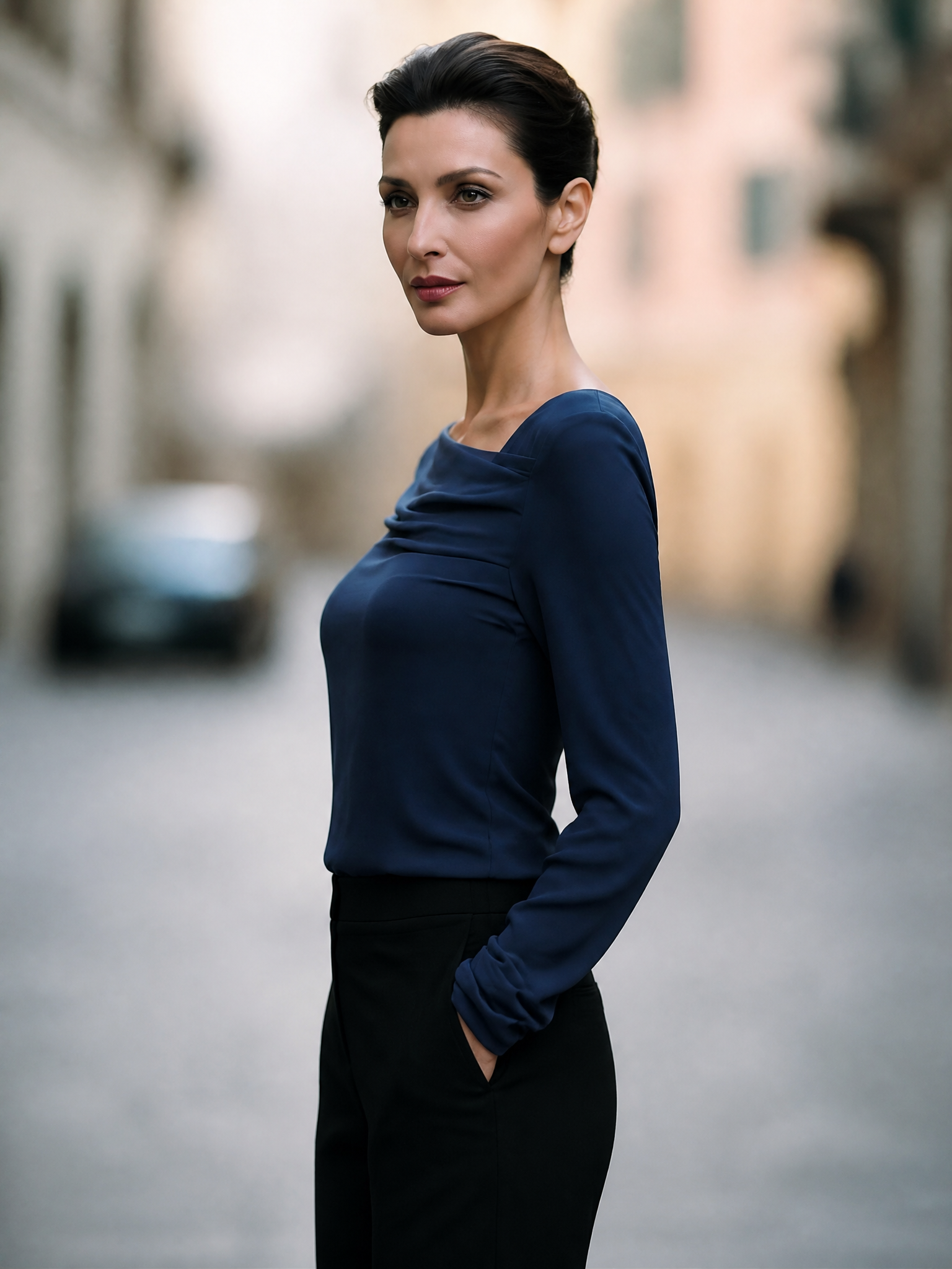 Asymmetric Draped Boat Neck Long Sleeve Blouse
