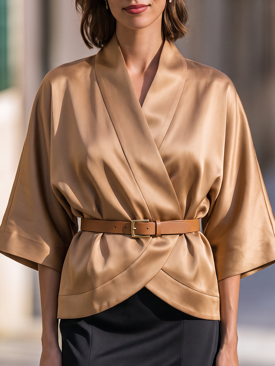 Draped Wrap Blouse With Belted Waist Design