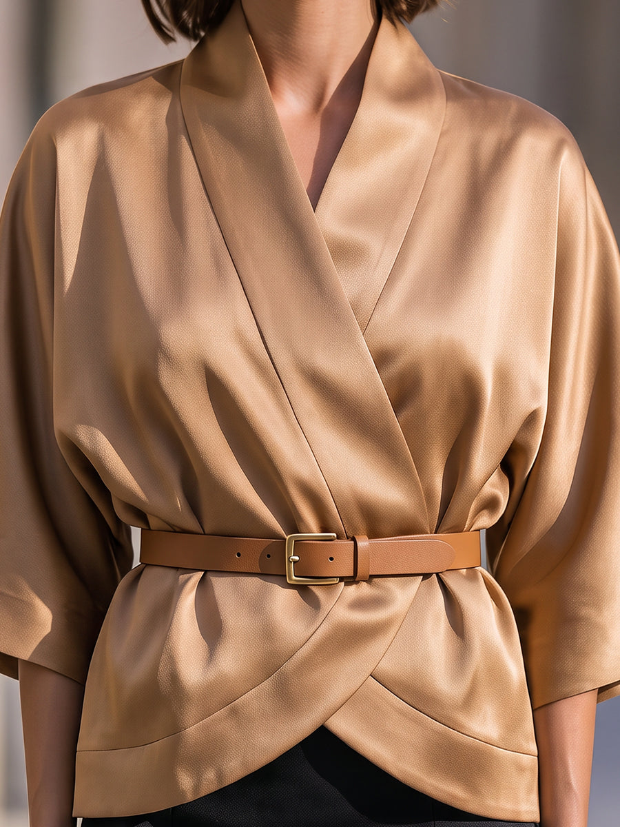 Draped Wrap Blouse With Belted Waist Design