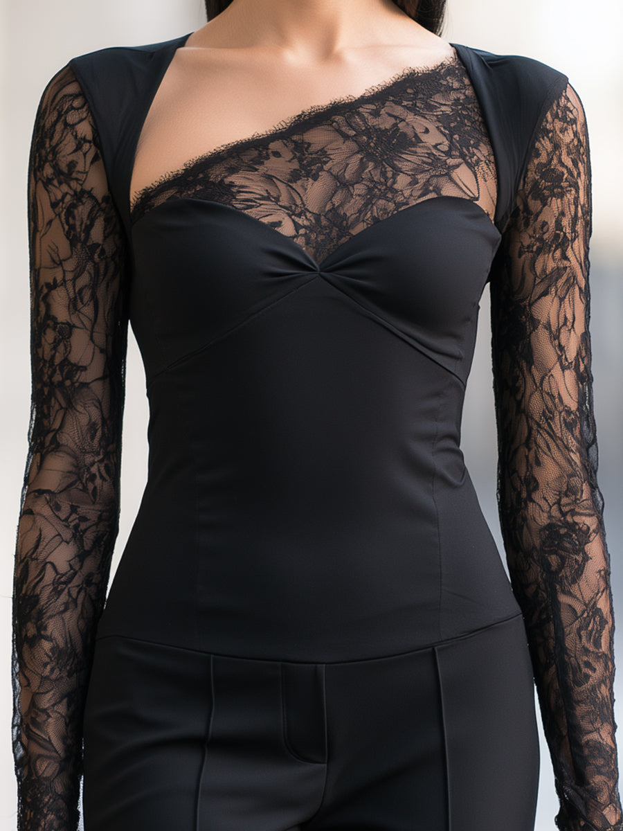 Lace Panel Asymmetric Neckline Long Sleeve Top