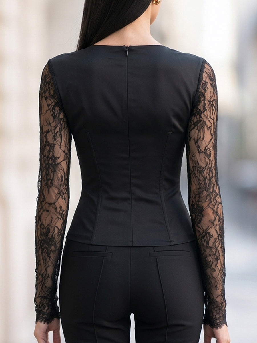 Lace Panel Asymmetric Neckline Long Sleeve Top